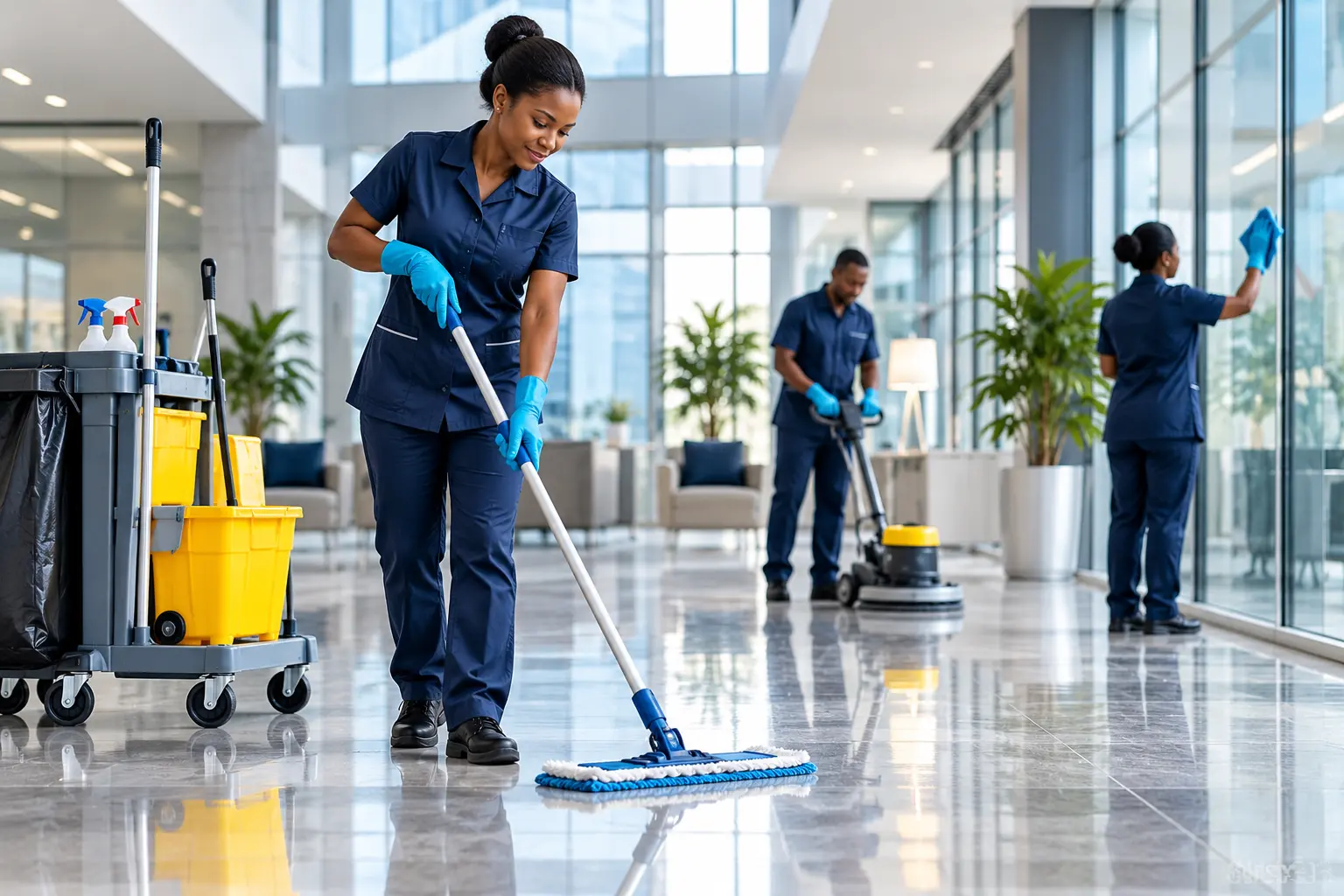 Professional cleaning team maintaining a modern commercial space
