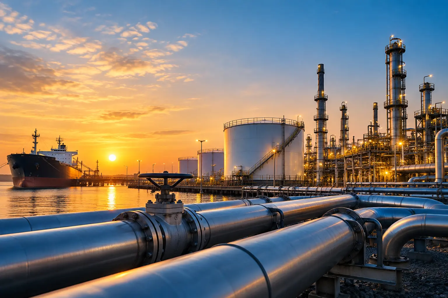 Industrial energy facility with pipelines and processing equipment